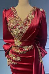 Burgundy Mermaid Long Sleeves Beads Ruffles Evening Dress With Appliques