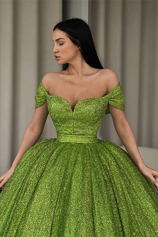 Off-The-Shoulder Green Ball Gown Evening Dress With Sequins