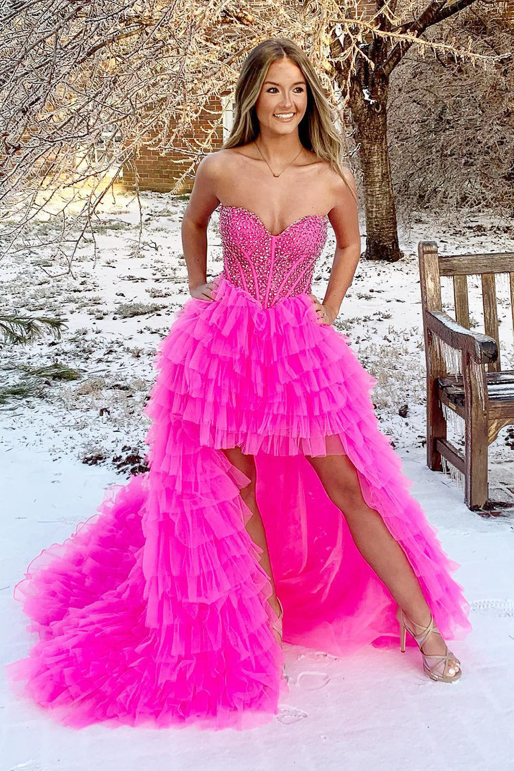 Red Beaded A-Line Tiered High Low Prom Homecoming Dress/Mini Dress