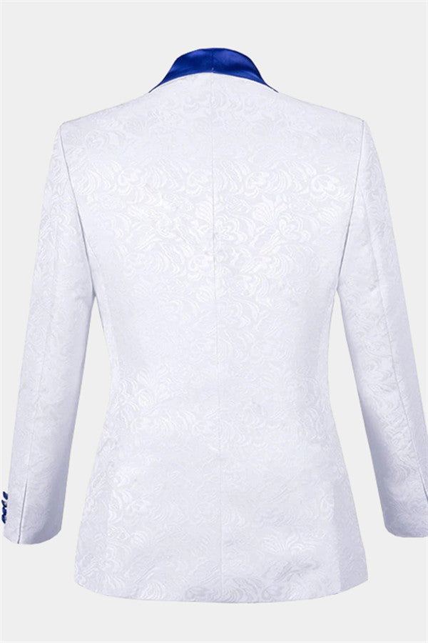 Cool White Jacquard Shawl Lapel Wedding Tuxedo with Blue Three-Piece