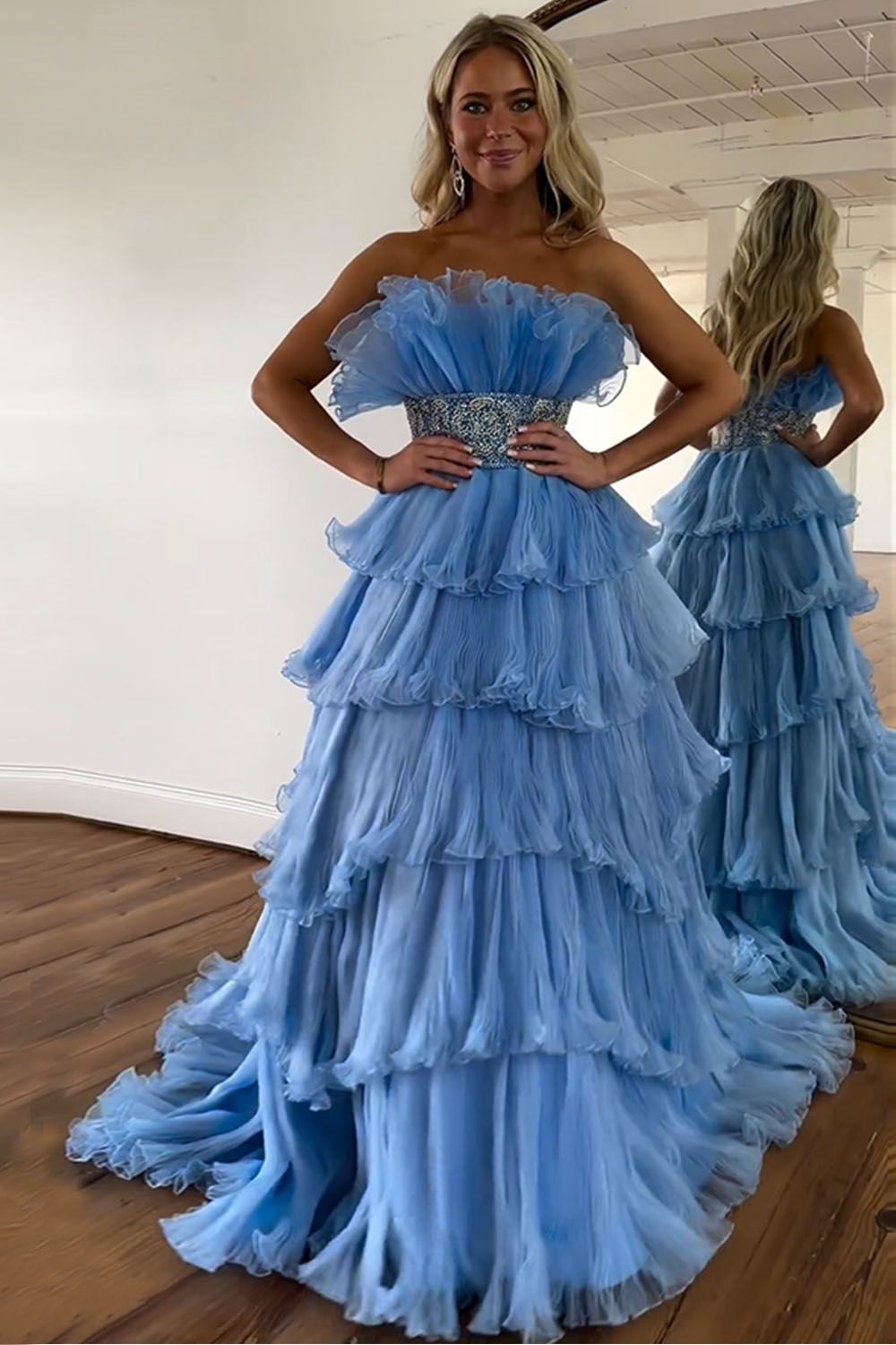 Long Blue Strapless Prom Dress with Beading in Princess Tulle