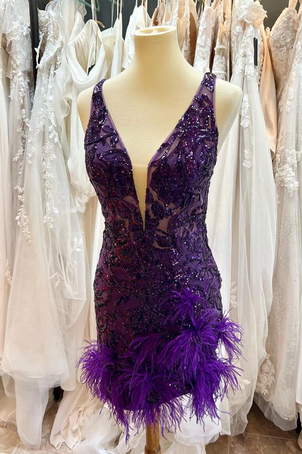 Sparkly Fuchsia Sequins Tight Short Homecoming Dress/Mini Dress with Feathers
