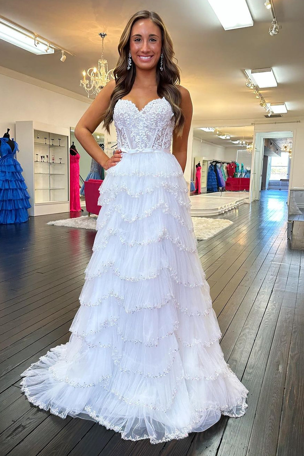 White Corset Prom Dress with Princess A Line Spaghetti Straps Appliques and Ruffles
