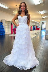 White Corset Prom Dress with Princess A Line Spaghetti Straps Appliques and Ruffles