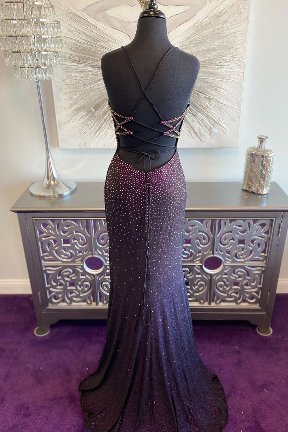 Mermaid Prom Dress in Dark Purple with Lace-Up Back and Beading