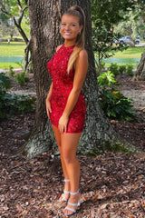Sparkly Red Sequined Open Back Tight Short Homecoming Dress/Mini Dress with Fringes