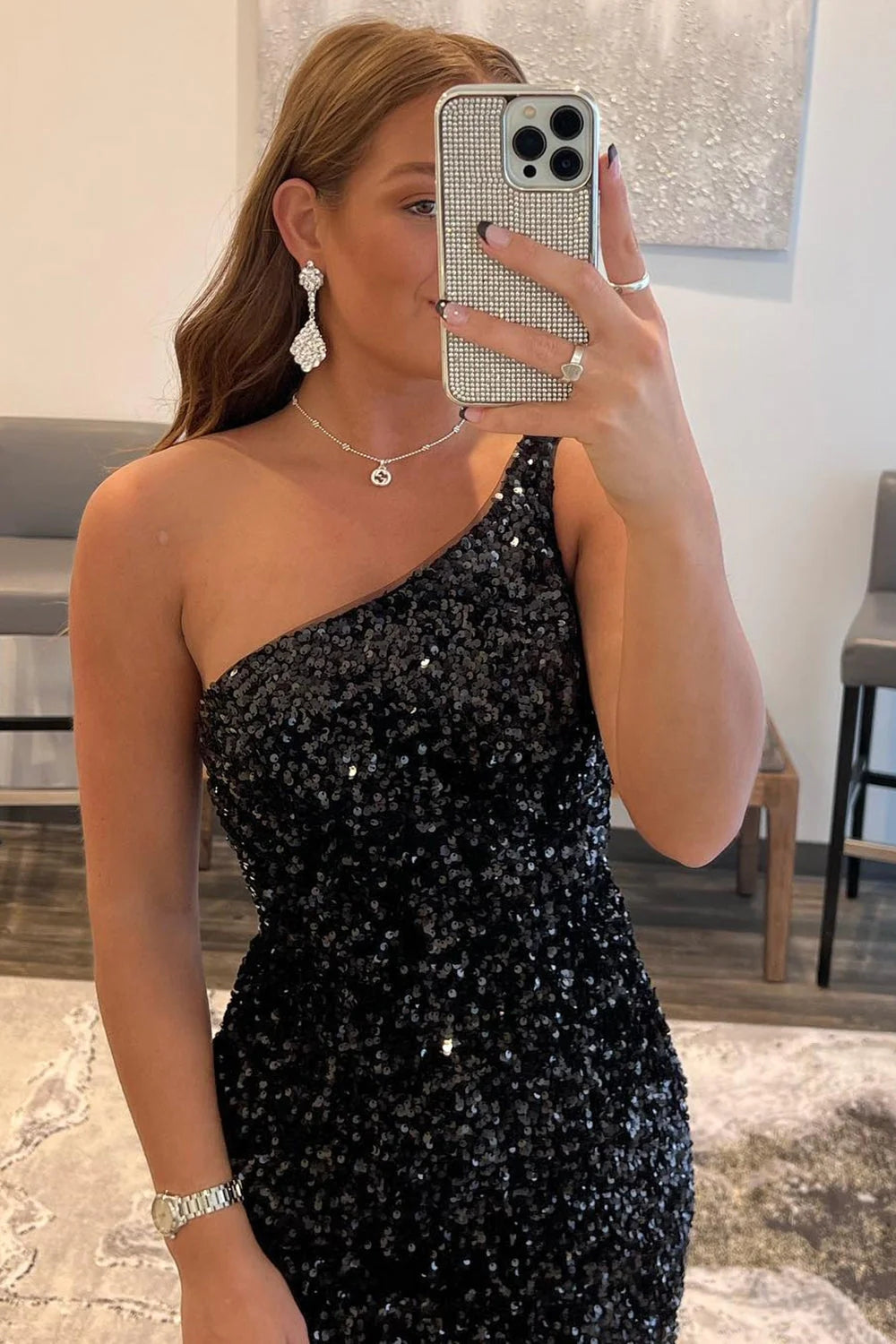 Sparkly Burgundy Sequins One Shoulder Tight Short Homecoming Dress/Mini Dress