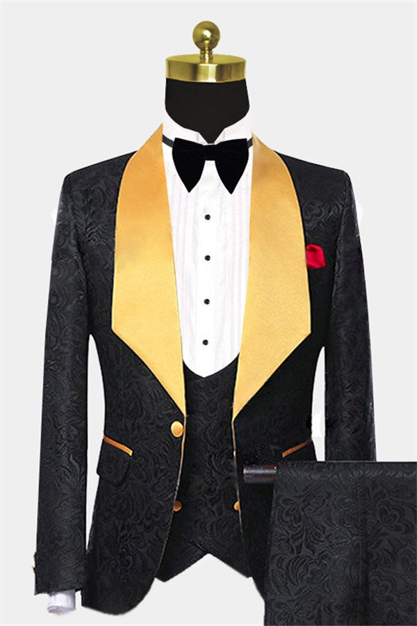 Gorgeous Gold Black Jacquard Suit for Men Wedding Shawl Lapel with Three Pieces