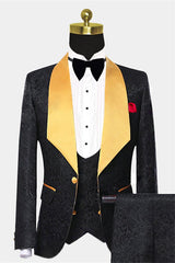 Gorgeous Gold Black Jacquard Suit for Men Wedding Shawl Lapel with Three Pieces