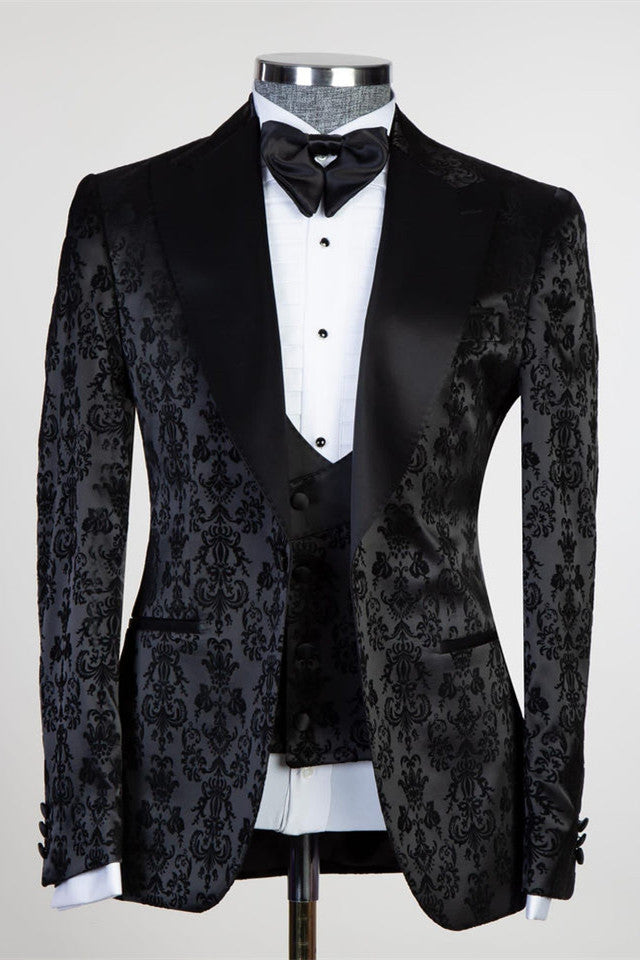 Formal Bespoke Black Peaked Lapel Three-Piece Jacquard Men's Suits