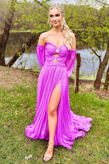 Fuchsia Long Prom Dress with Off-the-Shoulder Neckline and Front Split