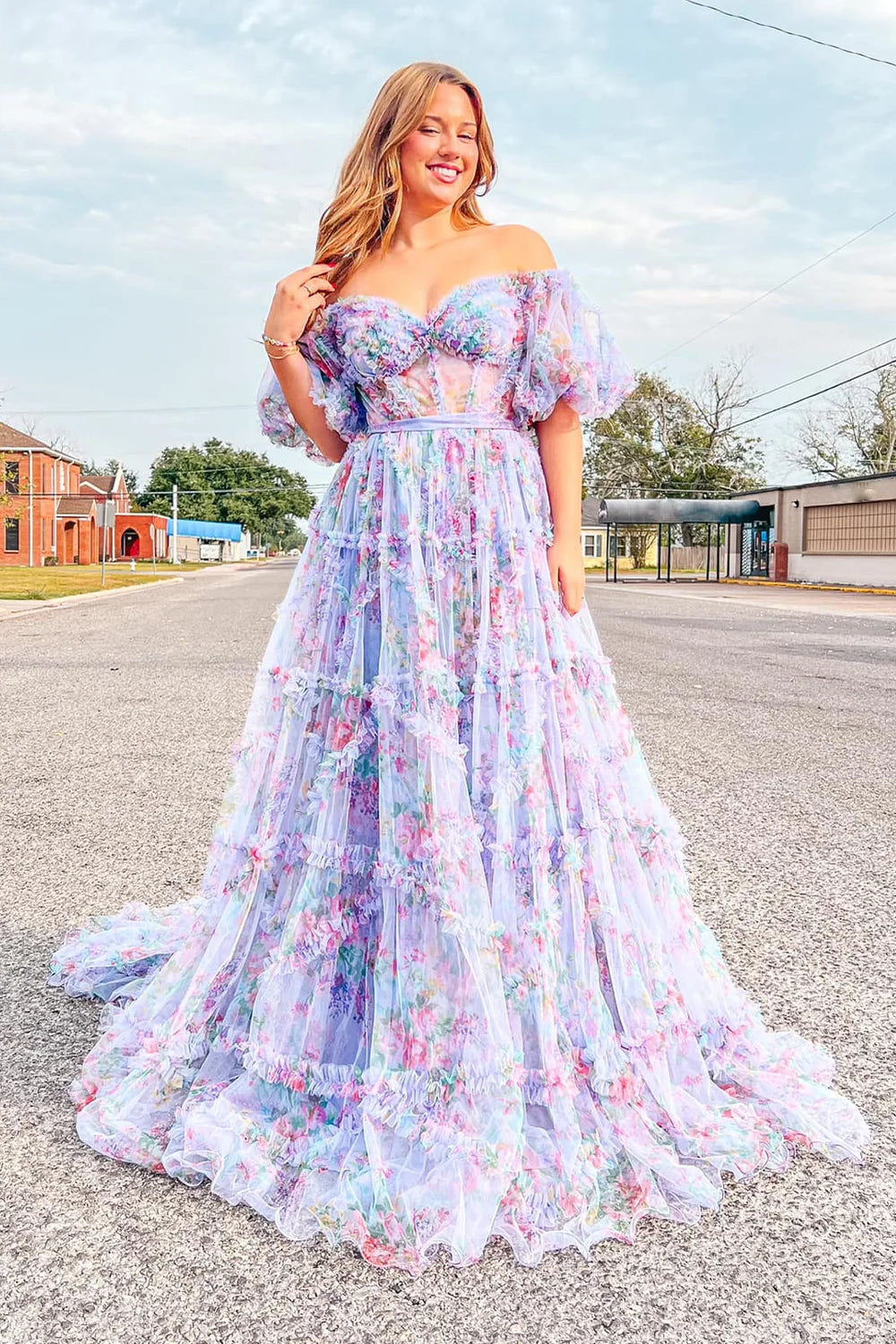 Elegant Off-the-Shoulder Pink Floral Corset Prom Dress with A-Line Silhouette and Sweep Train