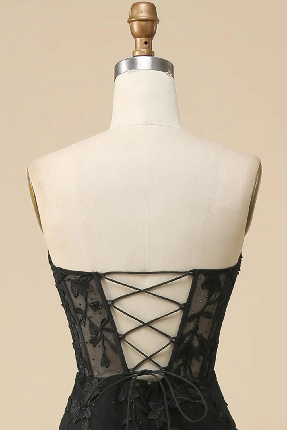 Long Black Sweetheart Corset Prom Dress Featuring Lace and a Slit