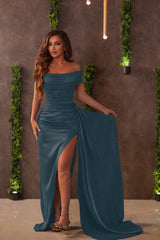 Royal Blue Off-the-Shoulder Split Evening Dress With Ruffles