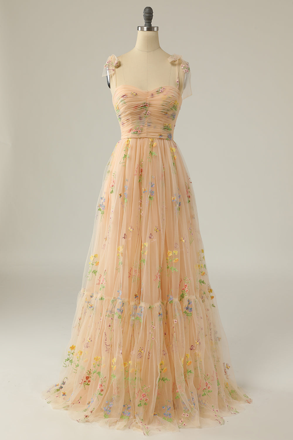 Long Green Prom Dress with Spaghetti Straps and A-Line Embroidery
