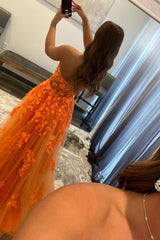 Long Prom Dress in Orange with Sweetheart Neckline and Appliques