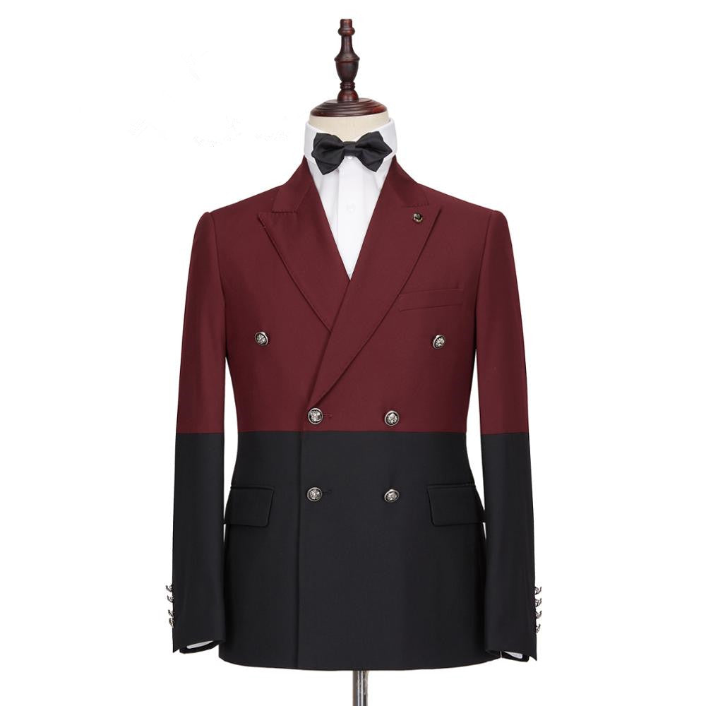Stylish Burgundy and Black Double-Breasted Party Prom Suit for Guys with Peaked Lapel