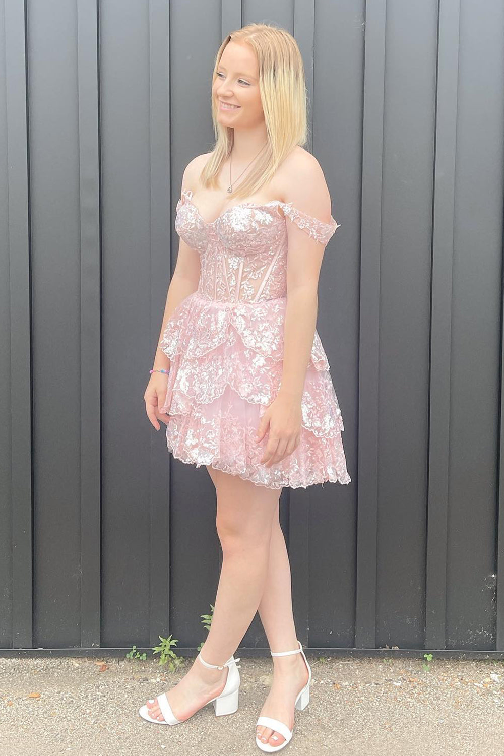 Sparkly White Corset Tiered Lace A-Line Short Homecoming Dress/Mini Dress