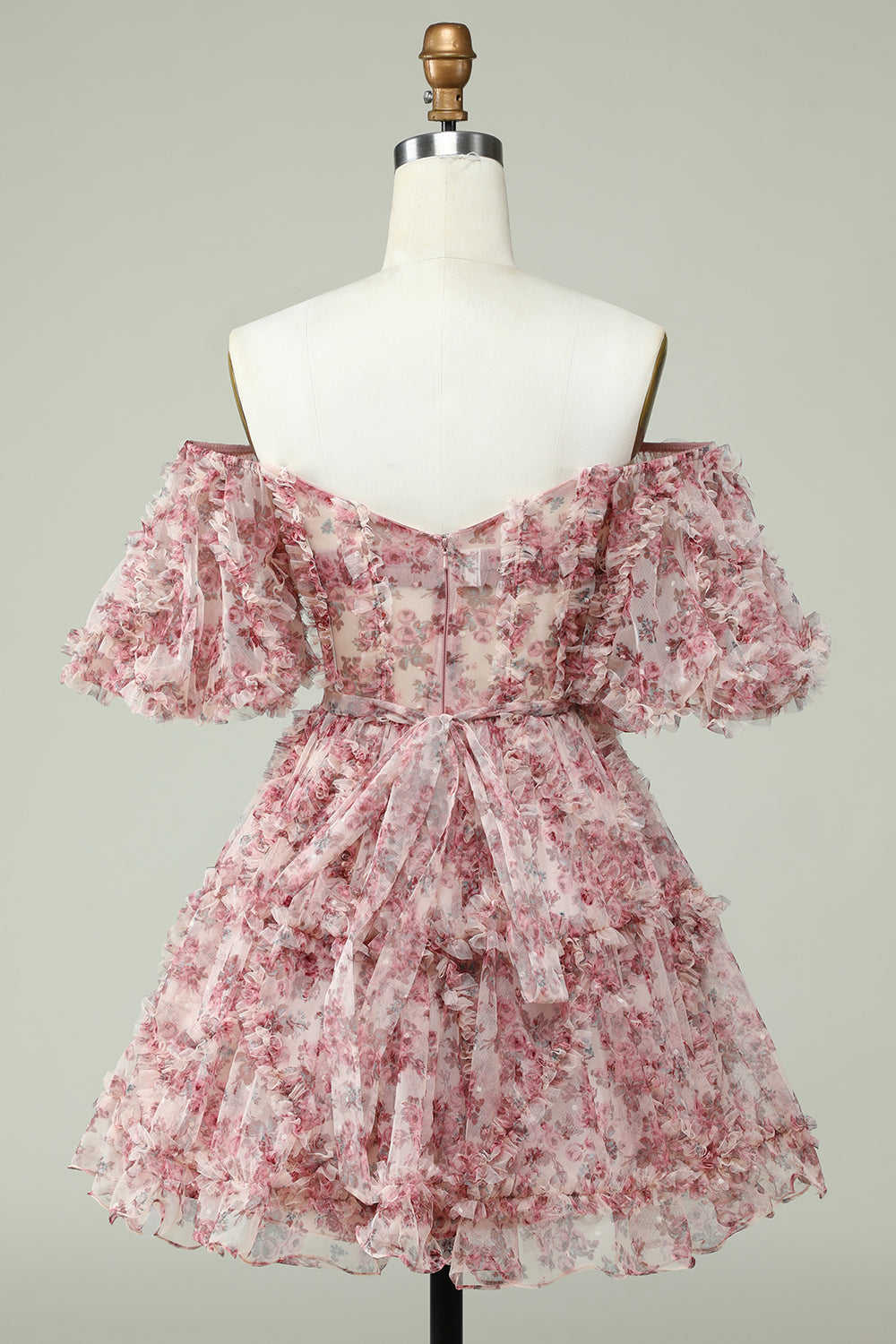 Green Off the Shoulder Printed Tiered A Line Short Homecoming Dress/Mini Dress