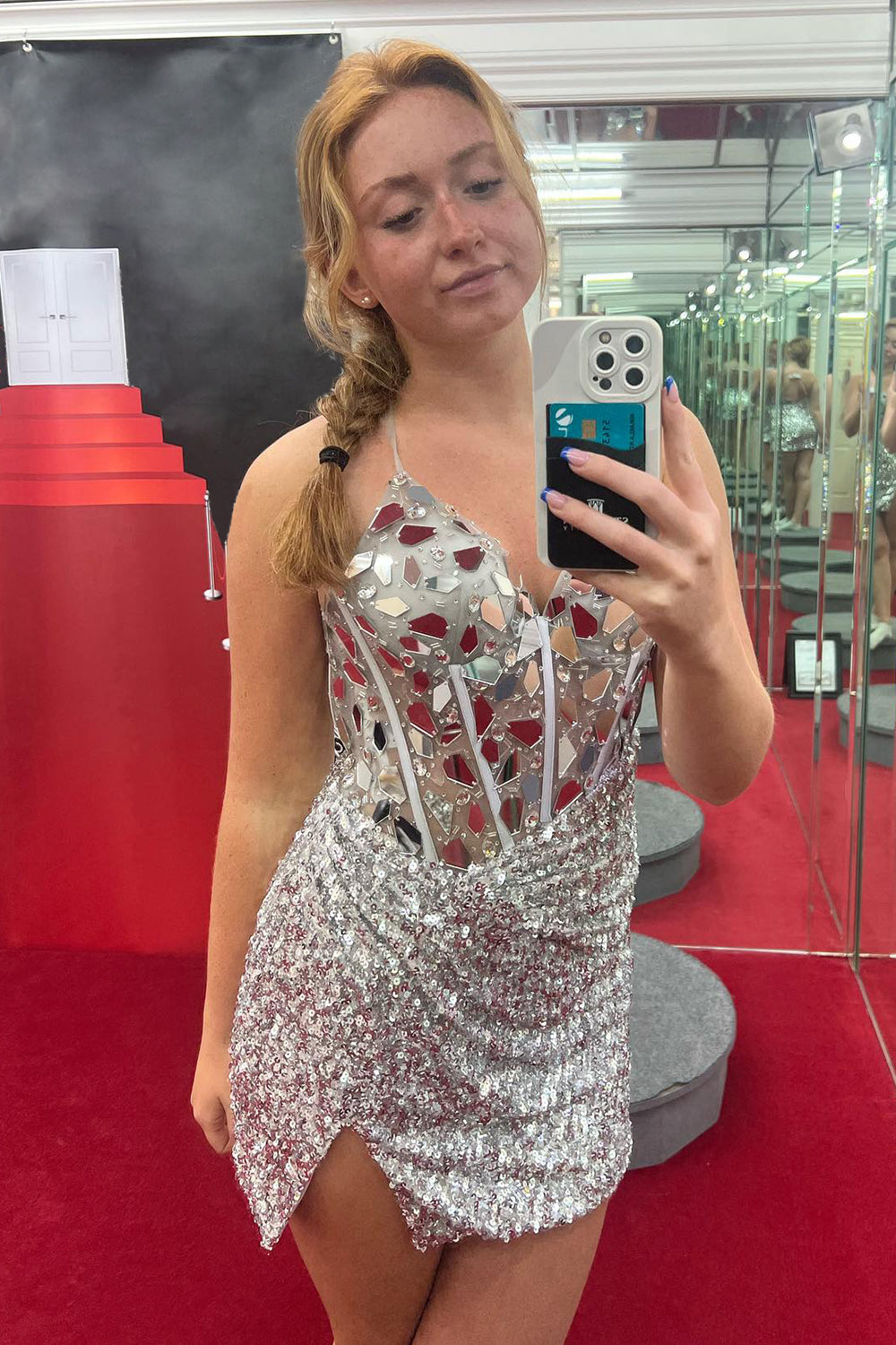 Red Glitter Corset Sequin Tight Short Mirror Homecoming Dress/Mini Dress