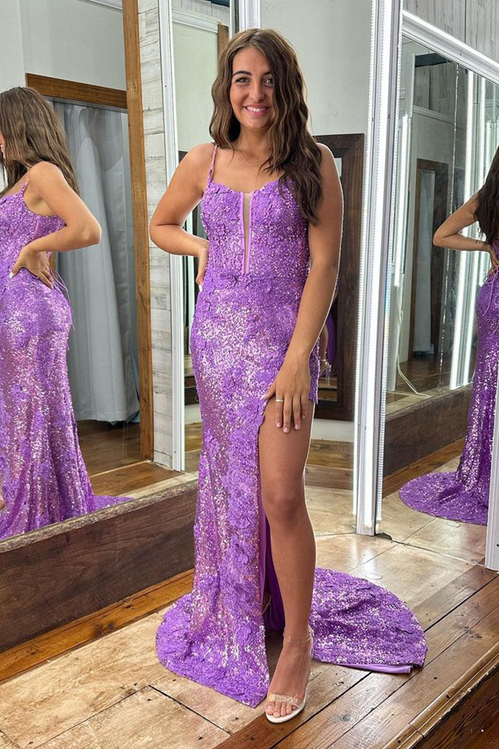 Prom Dress with Purple Spaghetti Straps and Appliques Featuring a Slit