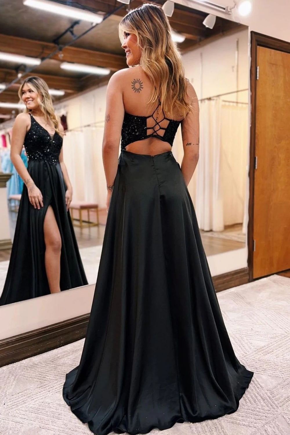 Long Black Sparkly A-Line Prom Dress Featuring Pockets