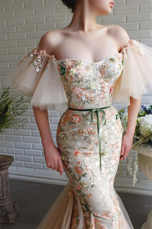 Off-The-Shoulder Strapless Flowers Evening Dress Beadings With Appliques Mermaid