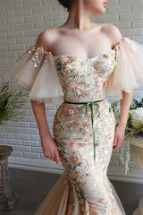 Off-The-Shoulder Strapless Flowers Evening Dress Beadings With Appliques Mermaid