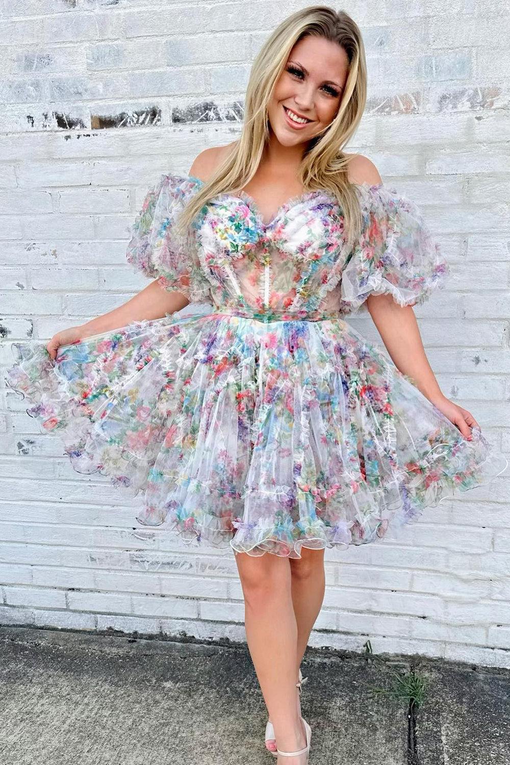 Lavender Floral A-Line Short Homecoming Dress/Mini Dress