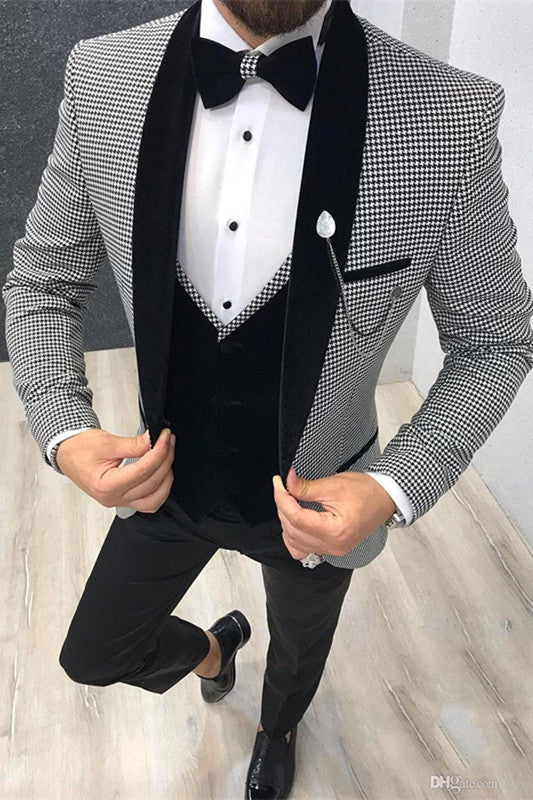 Black Houndstooth Three-Piece Shawl Lapel Men's Suits