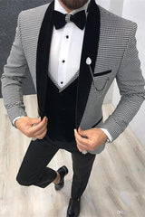 Black Houndstooth Three-Piece Shawl Lapel Men's Suits