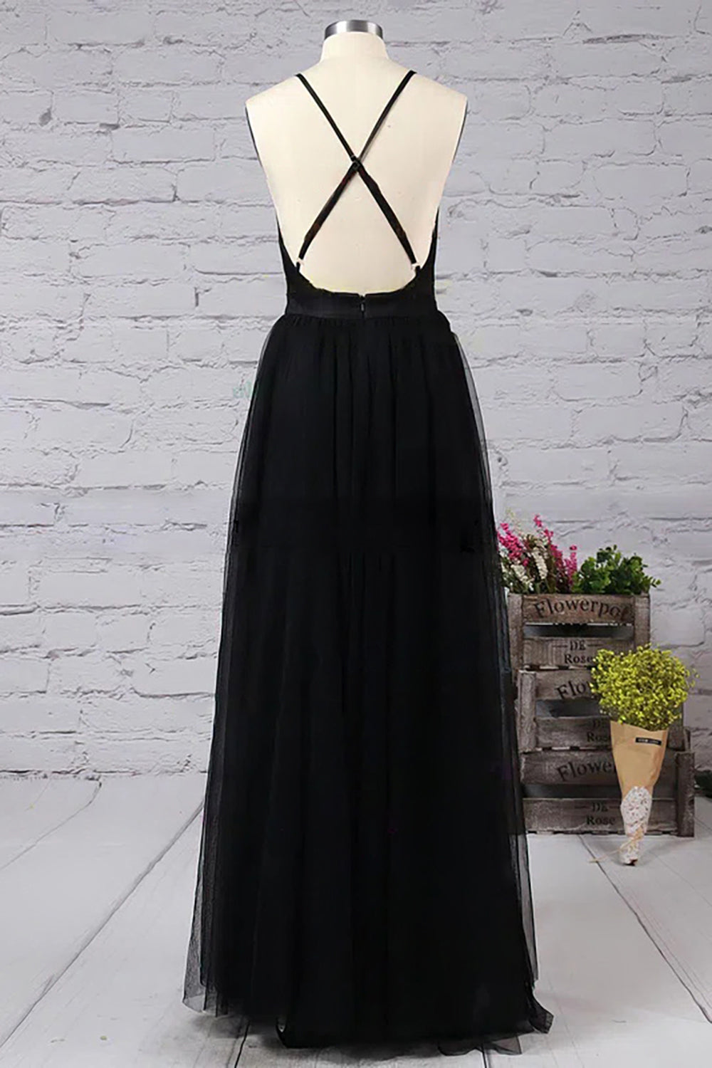 Prom Dress in Black Tulle with Deep V-Neck