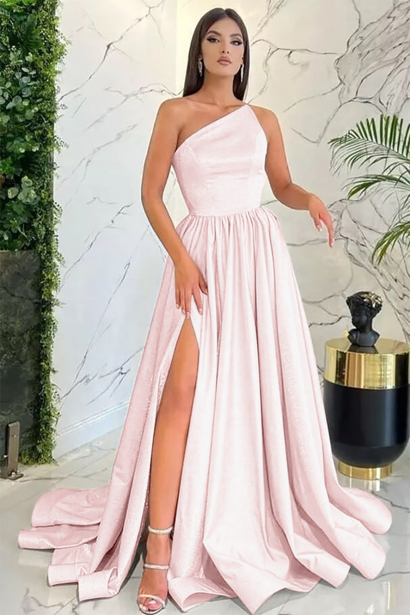 Modest Light Pink One Shoulder Sleeveless Evening Dress With Split