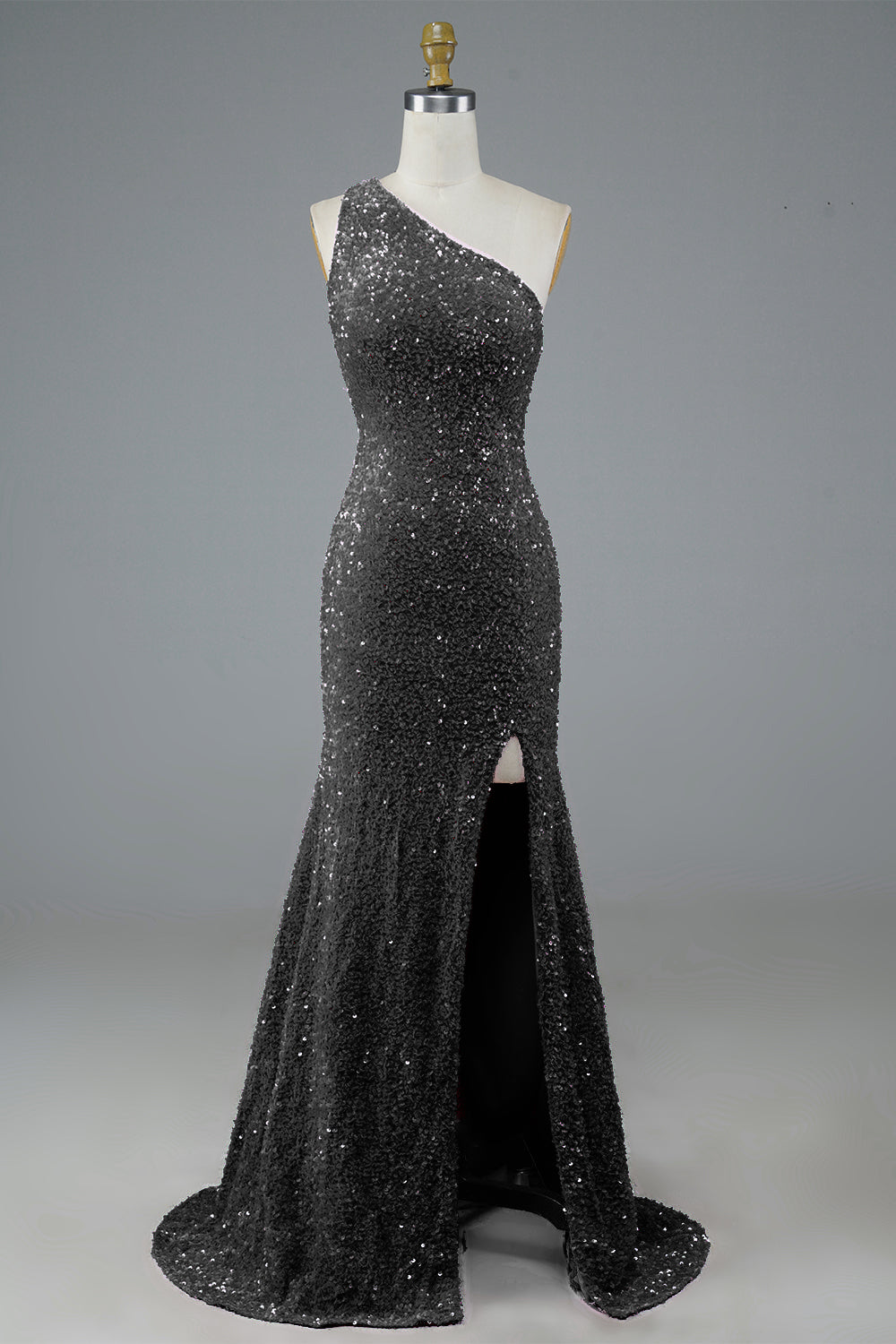 Long Black Glitter Prom Dress Featuring Sequins and a Slit