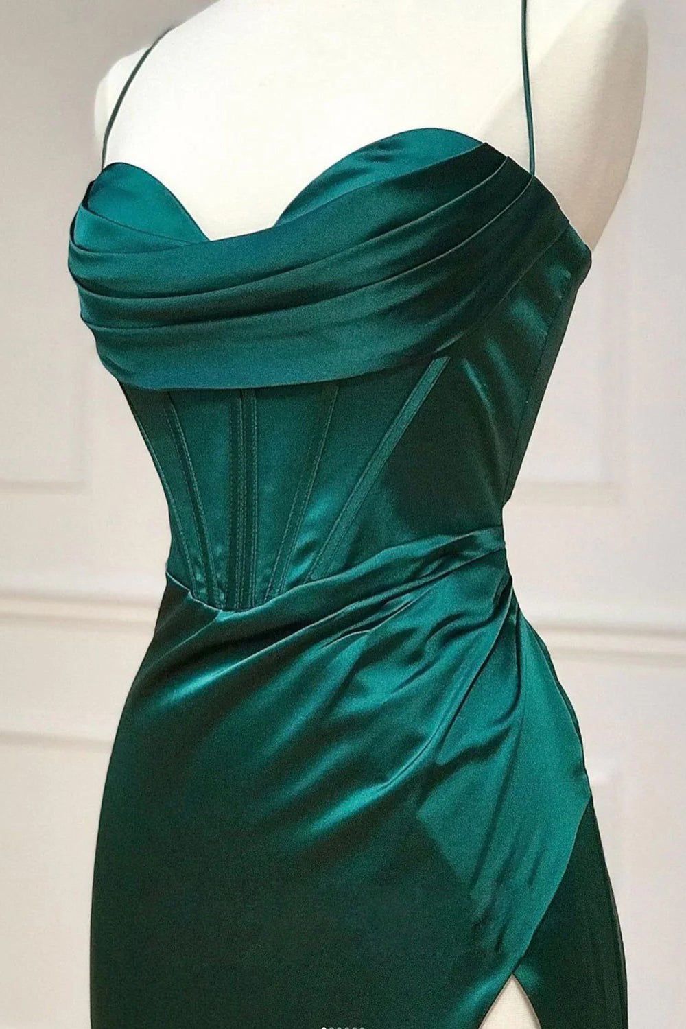 Dark Green Corset Prom Dress with Sheath Spaghetti Straps and Front Split