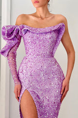 Purple One Shoulder Mermaid Slit Evening Dress Sequins With Long Sleeve