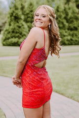 Red Open Back Sequins Tight Homecoming Dress/Mini Dress