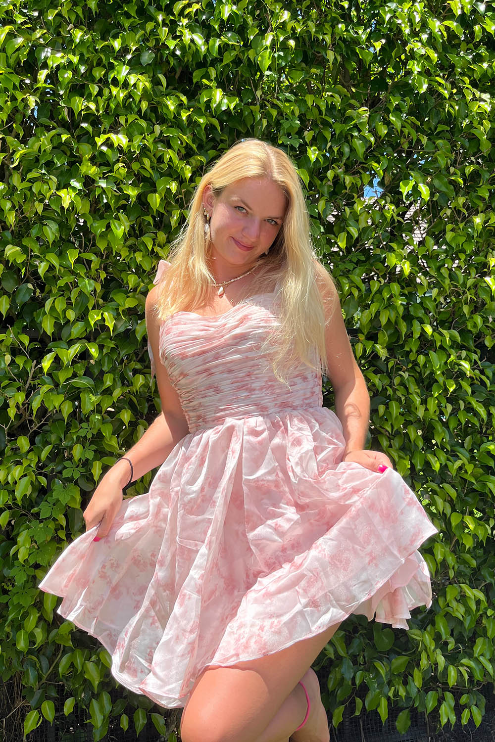 Pink Floral Print A-Line Short Homecoming Dress/Mini Dress