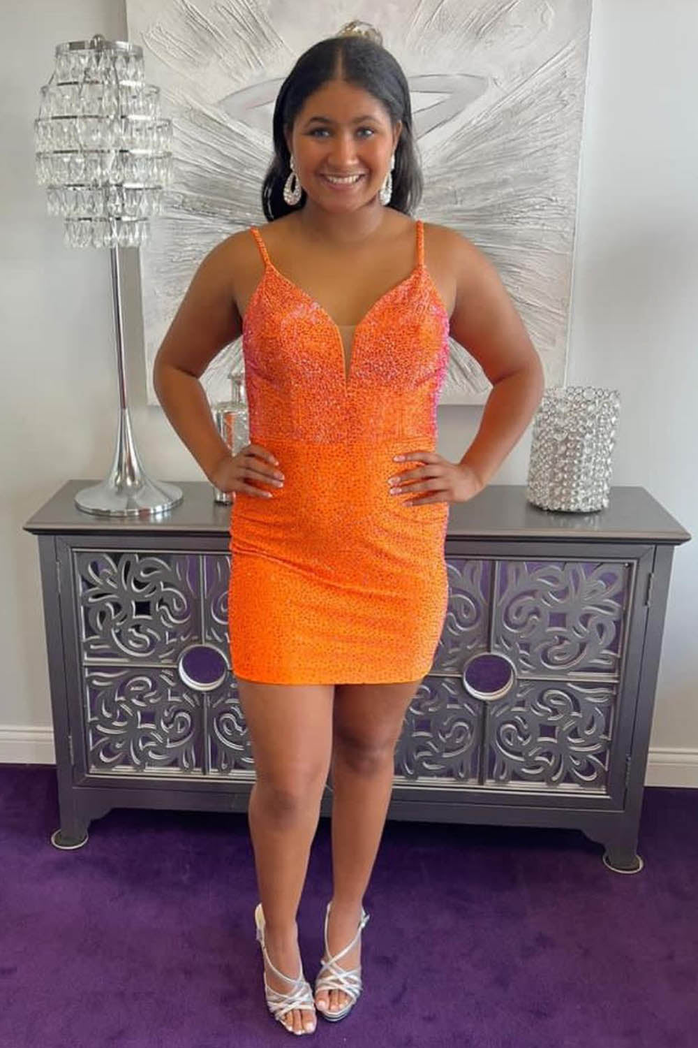 Sparkly Fuchsia Beaded Backless Tight Short Homecoming Dress/Mini Dress