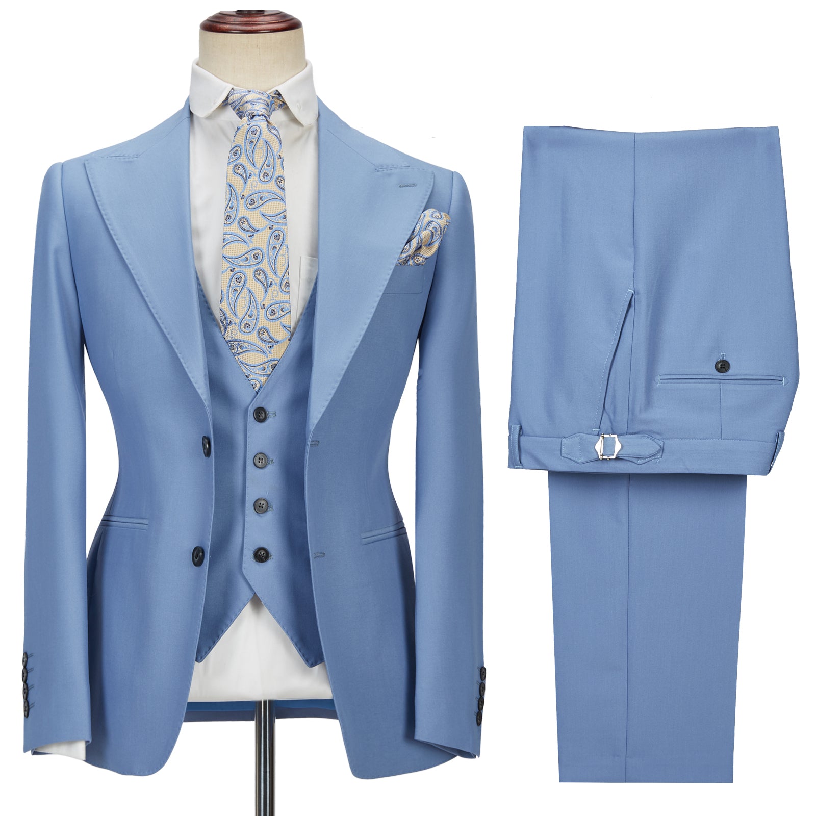 Gorgeous Blue Peak Lapel Three-Piece Homecoming Suits without Flap