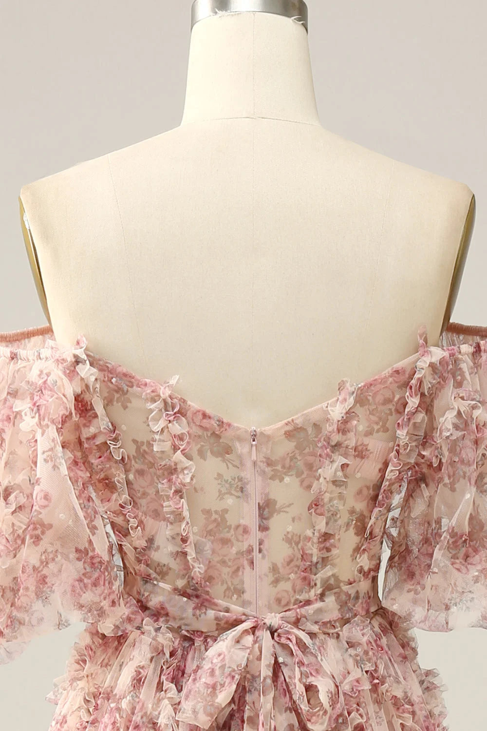 Elegant Off-the-Shoulder Pink Floral Corset Prom Dress with A-Line Silhouette and Sweep Train