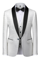 Popular Black and White Shawl Lapel Wedding Suit with Floral Jacquard