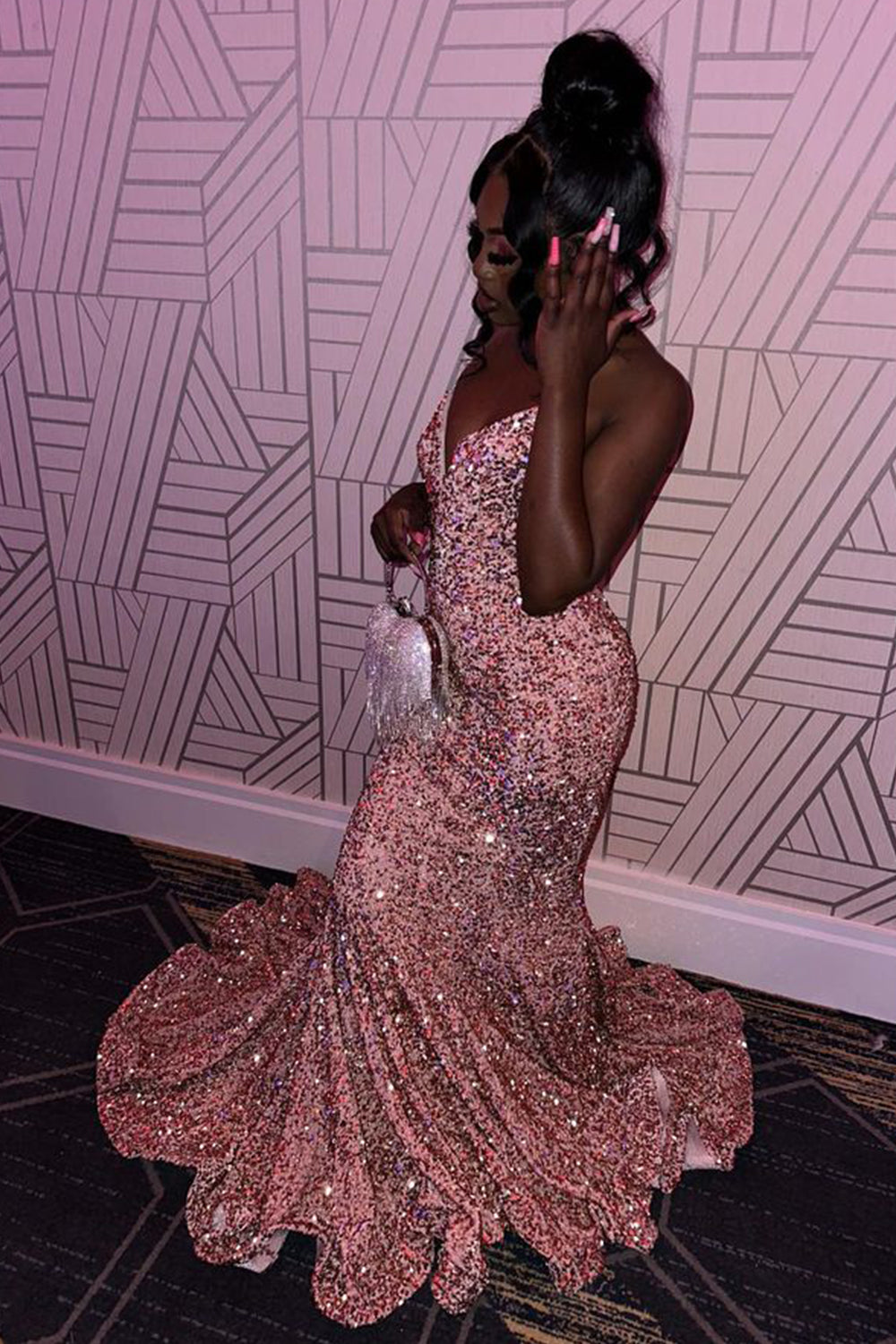 Long Prom Dress with Fuchsia Sequins in Mermaid Style