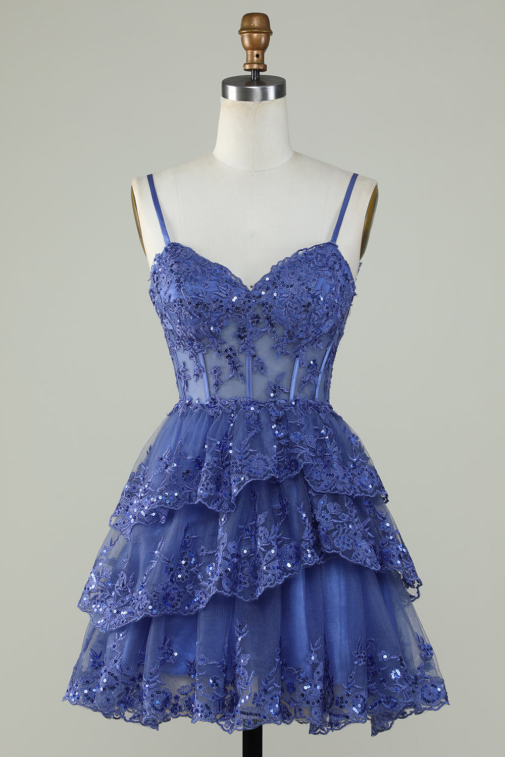 Sparkly Blue Corset Spaghetti Straps A Line Lace Short Homecoming Dress/Mini Dress