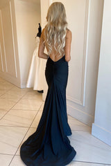 Black Long Prom Dress with Deep V Neck and Open Back in Mermaid Style