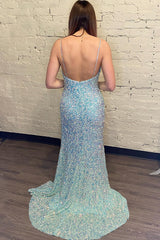 Long Open-Back Prom Dress in Light Blue with Sequins
