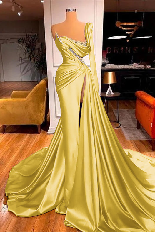 Purple Long Sleeves One-Shoulder Mermaid Beadings Evening Dress Split