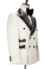 Classic Silver Gray Lapel Flaps Black Banding Edge White Jacquard Men's Suits