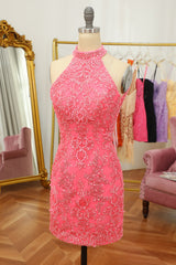 Pink Open Back Halter Lace Tight Short Homecoming Dress/Mini Dress