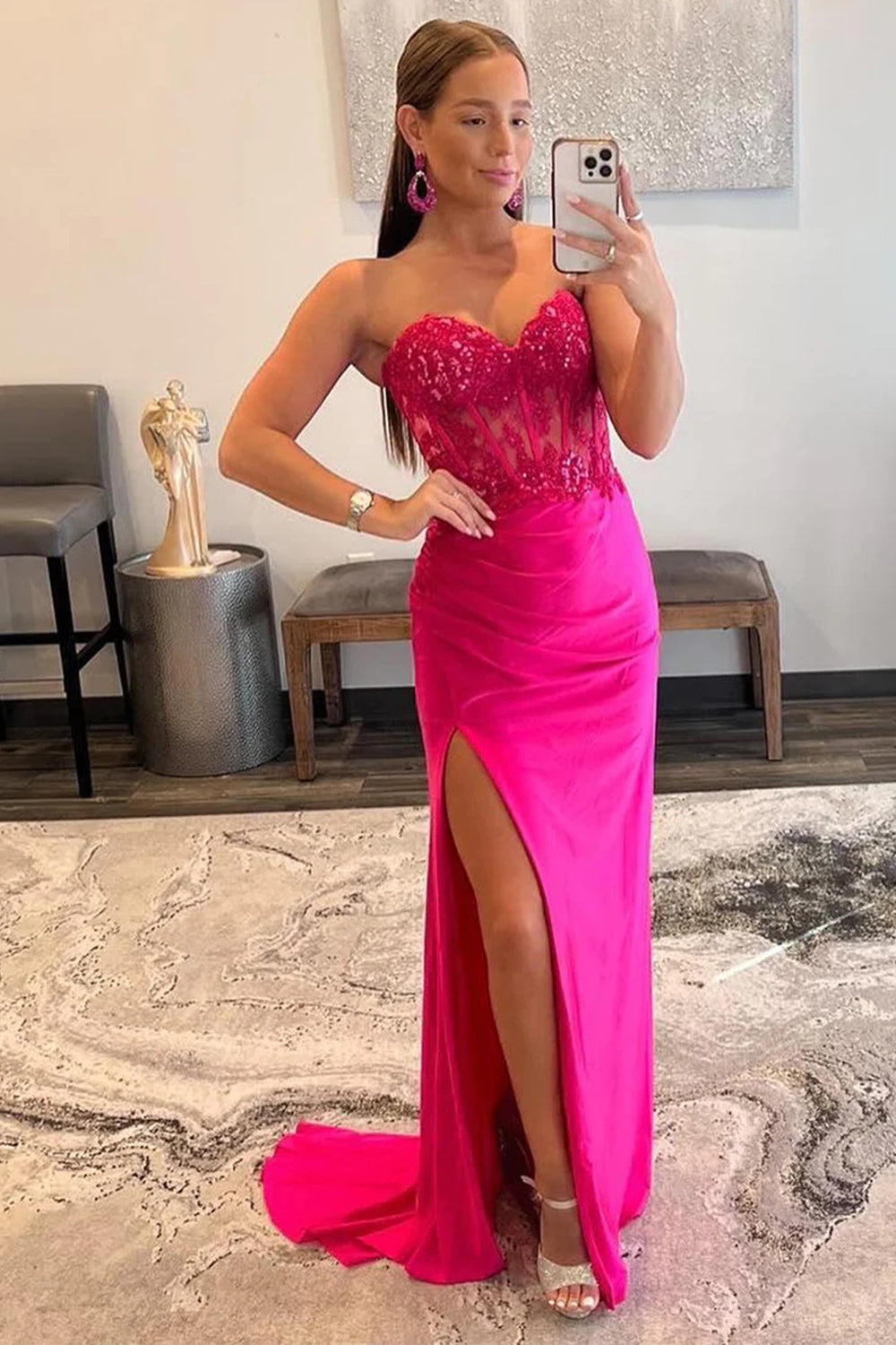 Long Prom Dress in Sparkly Hot Pink with Corset and Slit